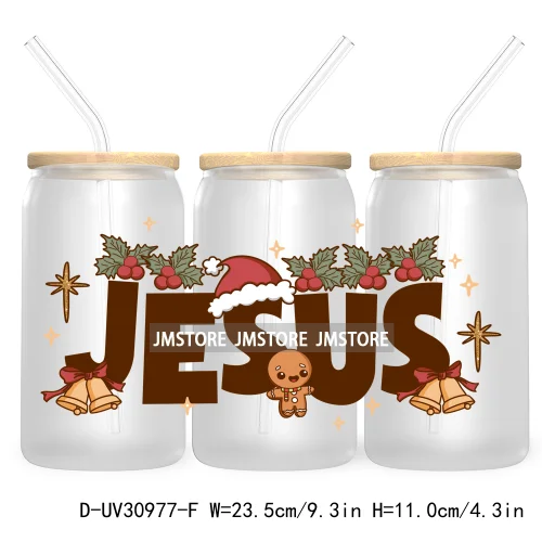 Merry Christmas Howdy Gingerbread 16OZ UV Cup Wrap DTF Transfer Stickers For Libbey Glass Can Cups Tumbler God Jesus Chris Xmas