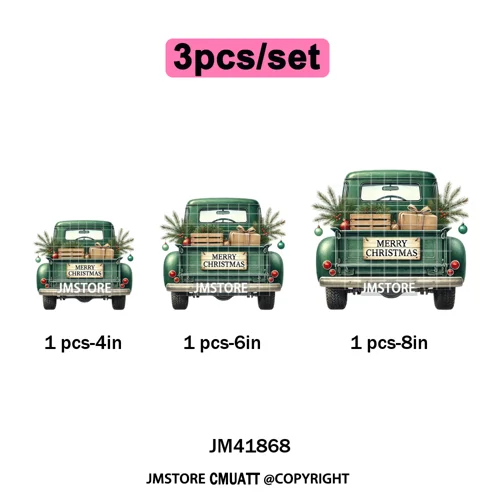 Christmas Pickup Truck Car Winter Tree Snowy Holiday Decoration Iron on DTF Heat Transfers Stickers Ready to Press for Clothing