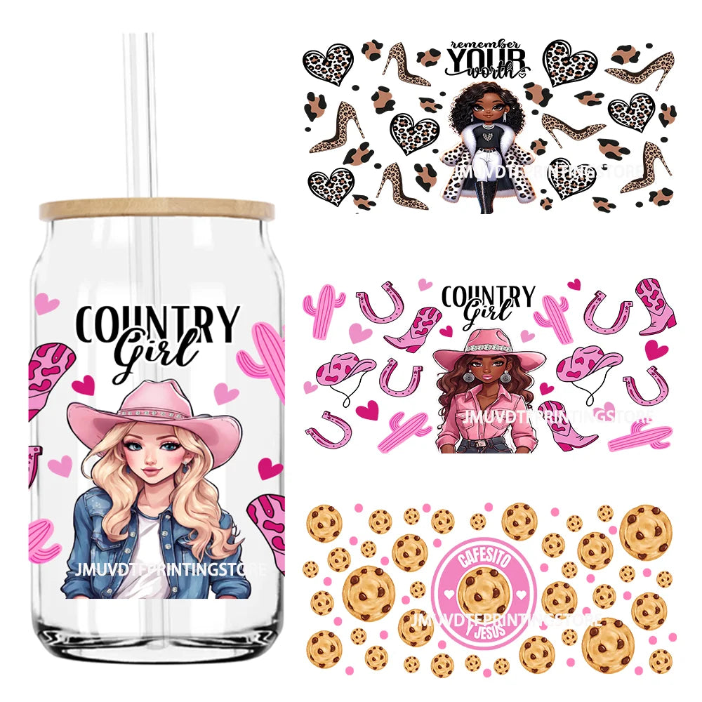 Country Girl Western Cow Hat Boots 16OZ UV DTF Cup Wrap Transfer Stickers Custom Labels DIY Waterproof Logo For Libbey Glass Can