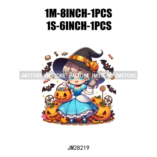 Washable Chibi Spooky Princess Pumpkin Halloween Trick Or Treat Witch Iron On DTF Transfers Stickers Ready To Press For Hoodies