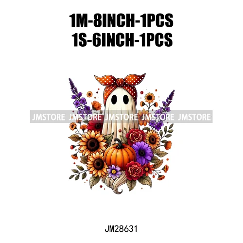 Cute Fall Florals Spooky Ghost Halloween Pumpkins Leaves Autumn  Iron On DTF Transfers Stickers Ready To Press For T-shirts Bags