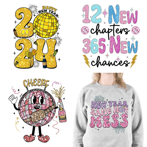 Happy New Year 2024 Printing Cheers To The New Year Faux Glitter Sequin Iron On DTF Transfer Sticker Ready To Press For Clothing