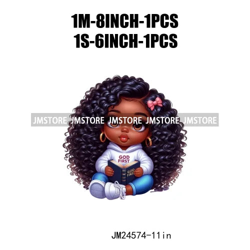 Cute God First Chibi Black Baby Girl Afro Magic Kids Coffee Woman Iron On DTF Transfer Stickers Ready To Press For Clothes Bags