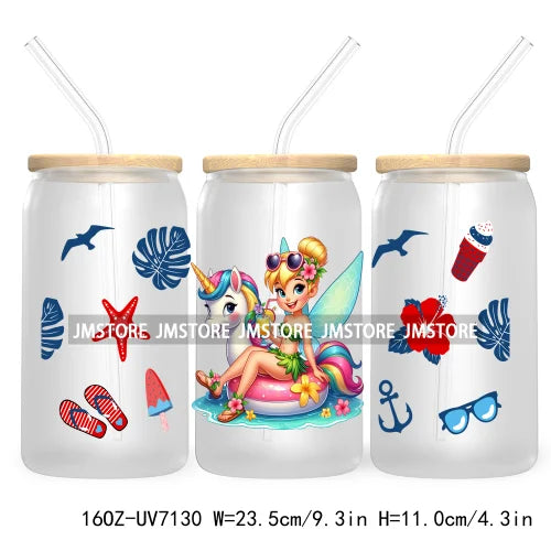 Cartoon Princess's Summer Vacation 16OZ UV DTF Cup Wrap Transfers Stickers For Libbey Glass Can Cups Tumbler Waterproof Craft