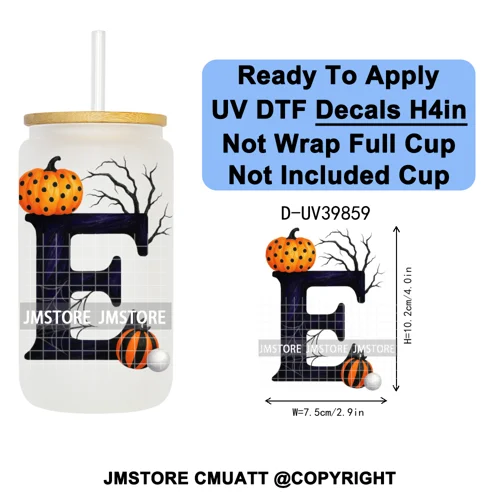 Polka Dot Pumpkin Halloween Letter Coquette UV DTF Decals Ready To Apply Waterproof Transfer Stickers For 16OZ Libbey Glass Can