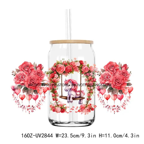 Valentines Teddy Bear With Red Roses UV DTF Sticker For 16OZ Libbey Glass Cup Can Wrap Transfer Sticker Custom Labels DIY Logo