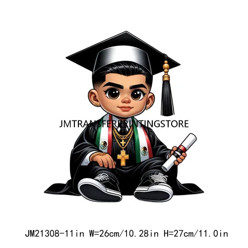 Chicano Graduation Chibi Style Boy Logos Si Se Pudo Educated Latino Double Trouble Man DTF Heat Transfer Stickers For Clothes