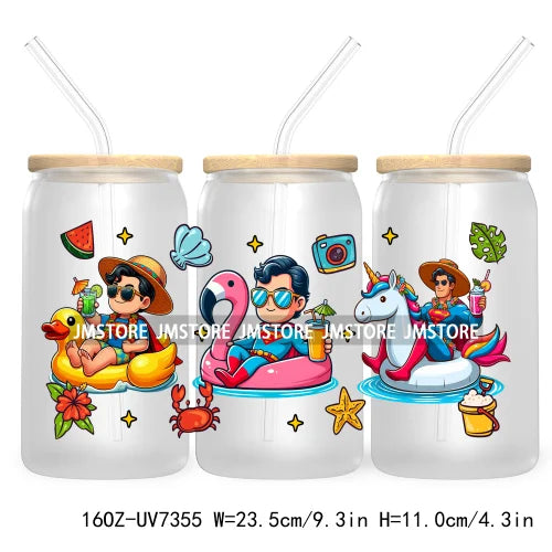 Hero Cartoon Summer Vacation 16OZ UV DTF Cup Wrap Transfers Stickers Custom Labels Durable Waterproof Logo For Libbey Glass Can