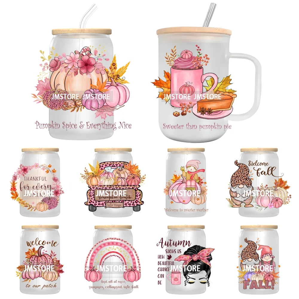 Cozy Autumn Fall Pumpkin Spice UV DTF Decals Ready To Apply Waterproof Transfer Stickers DIY Crafts For 16OZ Libbey Glass Can