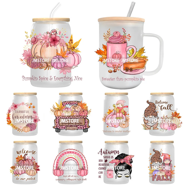 Cozy Autumn Fall Pumpkin Spice UV DTF Decals Ready To Apply Waterproof Transfer Stickers DIY Crafts For 16OZ Libbey Glass Can
