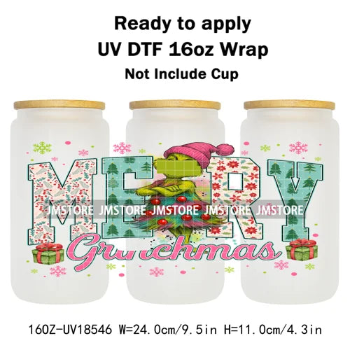 Coquette Bow Christmas Green Character UV DTF Stickers Ready To Apply Cup Wrap Custom Labels DIY Craft For Libbey Glass Can Mugs