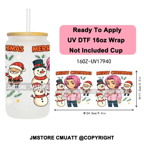 Kpop Demon Inspired Movie Christmas Santa Hat 16OZ UV DTF Cup Wrap Ready To Apply Durable Transfer Stickers For Libbey Glass Can