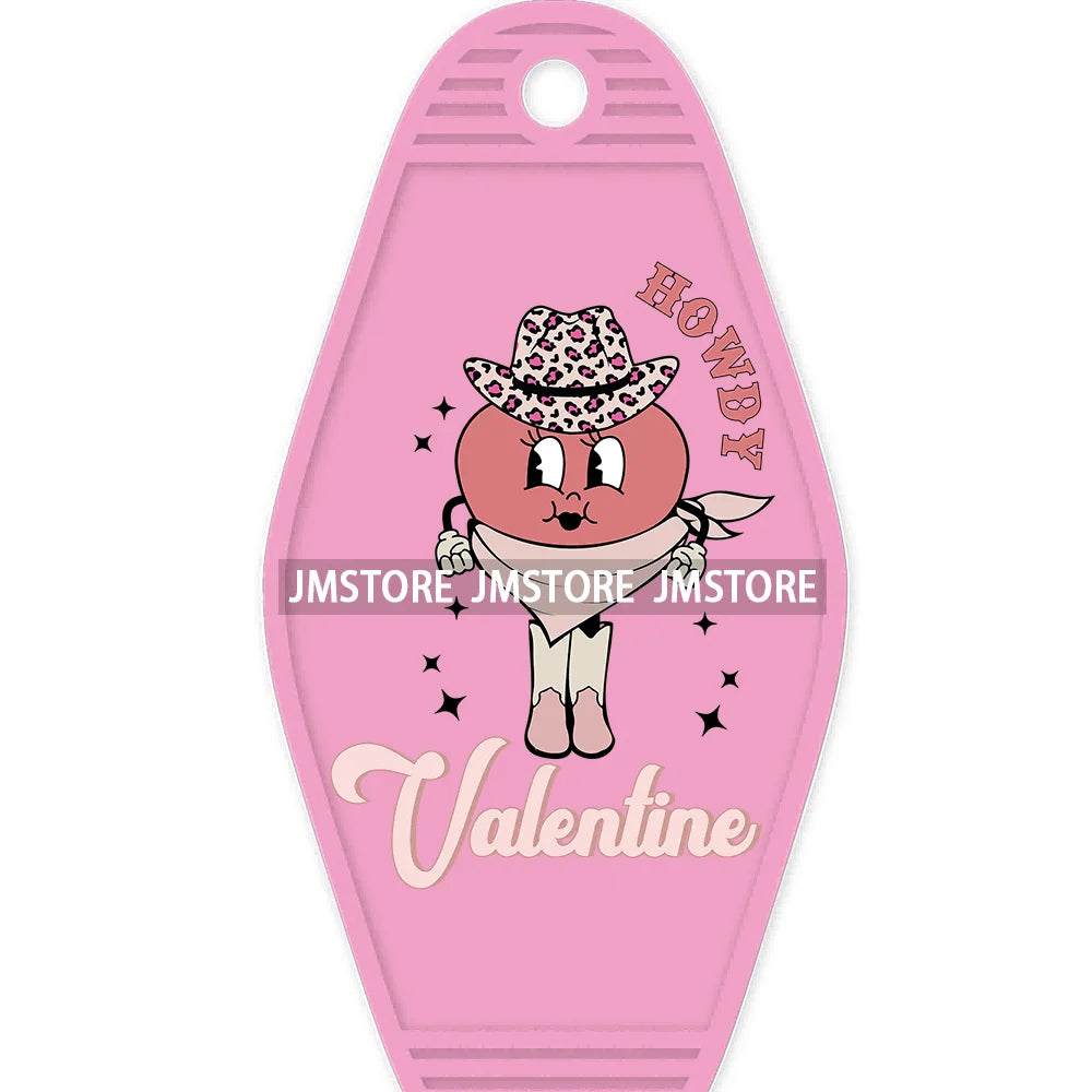 Pink Cowgirl Valentine's Day Candy Hearts High Quality WaterProof UV DTF Sticker For Motel Hotel Keychain Leopard Love Vibes