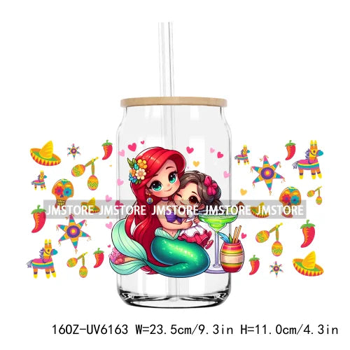 Cartoon Princess Cinco De Mayo Mexican UV DTF Sticker For 16OZ Libbey Glass Cup Can Wrap Transfer Stickers Custom Label DIY Logo