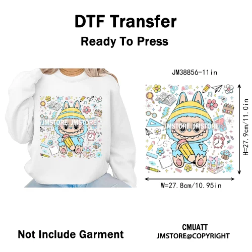 Floral Cute Checkered Cartoon Monster Character Iron on DTF Washable Transfers Stickers Designs Ready to Press for Textile Bags