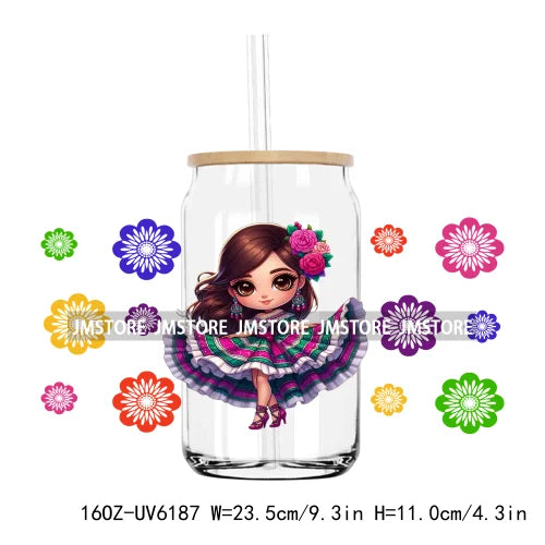 Cartoon Princess Cinco De Mayo Mexican UV DTF Sticker For 16OZ Libbey Glass Cup Can Wrap Transfer Stickers Custom Label DIY Logo