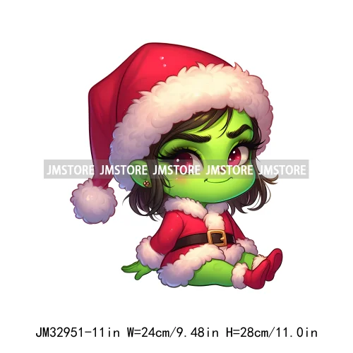 Cute Green Baby Cartoon Santa Claus Christmas Vibes Xmas Holiday Iron On DTF Transfers Stickers Ready To Press For Sweatshirts