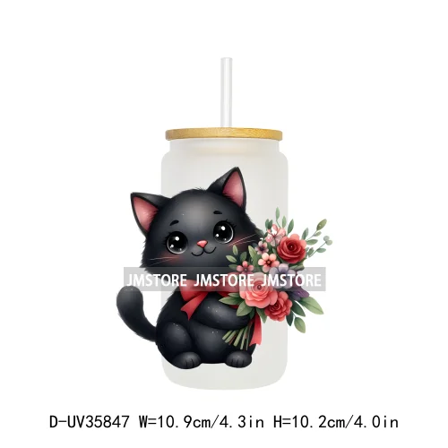 Valentine's Day Black Cat Couple UV DTF Transfer Stickers Decals Ready To Apply Waterproof For 16OZ Libbey Glass Can Cup Tumbler