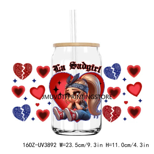 Chicano La Sad Girl Couple 16OZ UV DTF Cup Wrap Transfer Stickers Custom Labels DIY Waterproof Logo For Libbey Glass Can Hearts