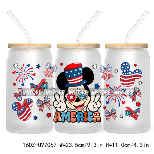 Happy 4TH Of July Cartoon Bear Friends 16OZ UV DTF Cup Wrap Transfer Stickers For Libbey Glass Can Cups Tumbler Waterproof Craft