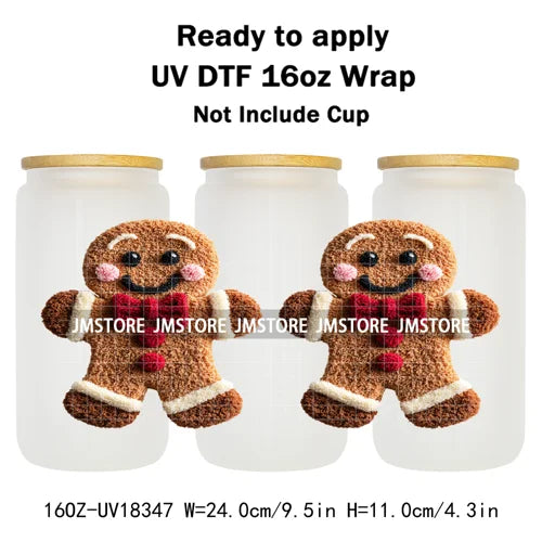 Faux Yarn Christmas Characters UV DTF Cup Wrap Ready To Apply Transfer Stickers Durable 16OZ Tumbler Wraps For Libbey Glass Can
