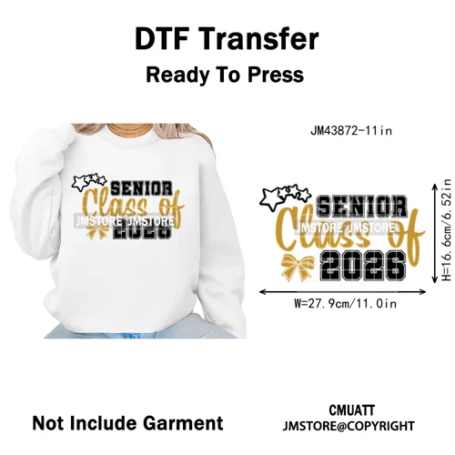 High School Senior 2026 Graduation Club Coquette Gifts Iron on Washable DTF Heat Transfers Stickers Ready to Press for Clothes