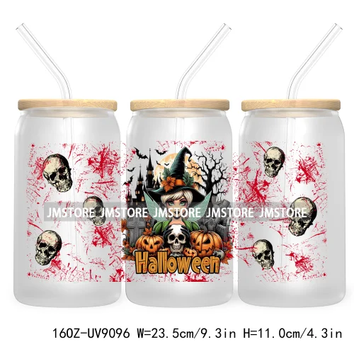 Spooky Halloween Princess 16OZ UV Cup Wrap DTF Transfer Sticker For Libbey Glass Can Cup Tumbler Waterproof Label Trick or Treat