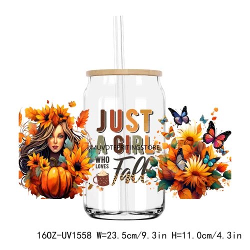 Fall Autumn Pumpkin Flower 16OZ UV DTF Cup Wrap Transfer Stickers Custom Labels DIY Durable Waterproof Logo For Libbey Glass Can