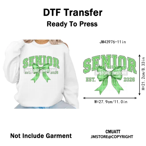 Preppy Coquette Senior 2026 Mega Graduate Cap Varsity Iron on Washable DTF Heat Transfers Stickers Ready to Press for Textiles