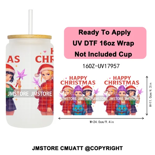 Christmas Edition Kpop Demon Festive Anime Girls UV DTF Stickers Ready To Apply Cup Wrap High Quality For 16OZ Libbey Can Glass