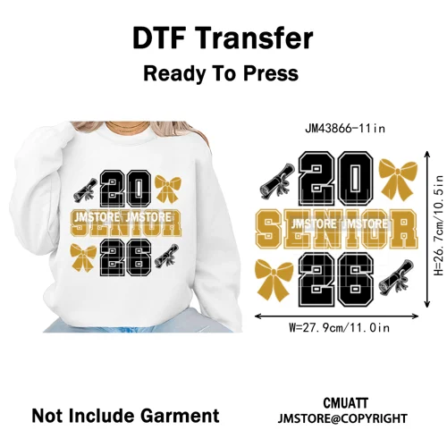 High School Senior 2026 Graduation Club Coquette Gifts Iron on Washable DTF Heat Transfers Stickers Ready to Press for Clothes