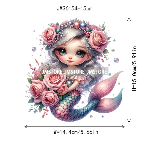 15cm 5.9in Cute Kid Flower Mermaid Iron On DTF Heat Transfer Sticker For Clothes Printed Thermal Applique Washable T-Shirt Decal