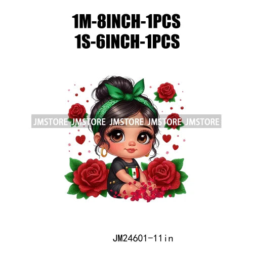 Cute Chibi Mexican Girl Designs Hispanic Red Rose Green Coquette Bow Latina Princess Iron On DTF Transfers Stickers For T-shirts