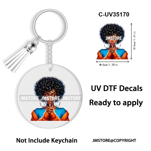 Christian Jesus God Pray Afro Girl UV DTF Decal Round Keychain Ready To Apply WaterProof Transfer Stickers For Circle Keychain