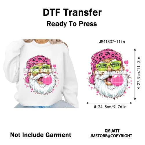 Pink Cartoon Glasses Coffee Drink Leopard Blowing Santa Claus Christmas Iron on DTF Transfer Stickers Ready to Press for T-shirt