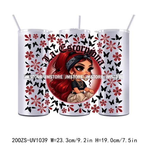 Latina Zodiac Girl Butterfly 20OZ Straight Skinny Tumbler Wrap Ready To Apply UV DTF Transfer Stickers Custom Prints For Tumbler
