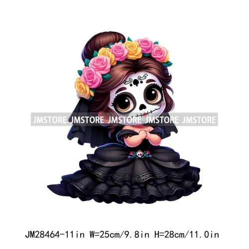 New Day Of The Dead La Catrina Dresses Girls Skull Flower Iron On DTF Transfers Stickers Ready To Press For Sweatshirt Bags