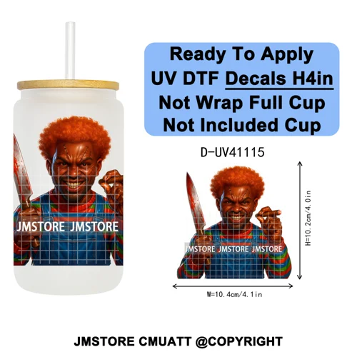 Black Horror Dad Halloween Spooky Daddy UV DTF Decals Ready To Apply Waterproof Transfer Stickers For 16OZ Libbey Glass Can Cups