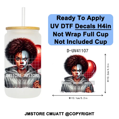 Scary Movie Character Afro Girls Halloween UV DTF Transfer Stickers Decals Ready To Apply Waterproof For 16OZ Libbey Glass Can