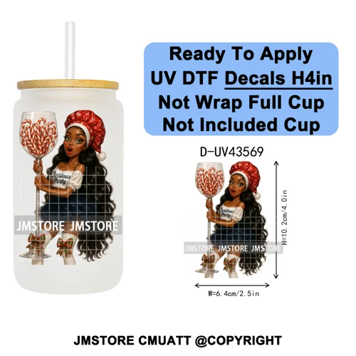 Fashion Black Girl Christmas Party UV DTF Cup Decals Ready To Apply Transfer Stickers Durable Custom Prints For Libbey Glass Can