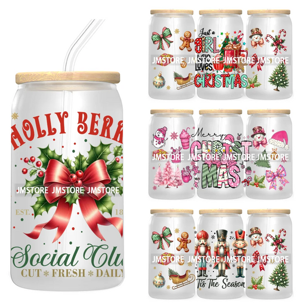 Just A Girl Who Loves Christmas UV DTF Cup Wrap For Libbey Glass Can Transfer Stickers Waterproof Custom Labels Tis The Season