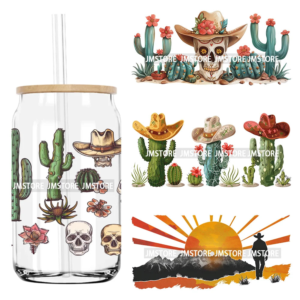 Western Desert Cactus Plants 16OZ UV DTF Cup Wrap Transfers Stickers Custom Labels Durable Waterproof Logo For Libbey Glass Can