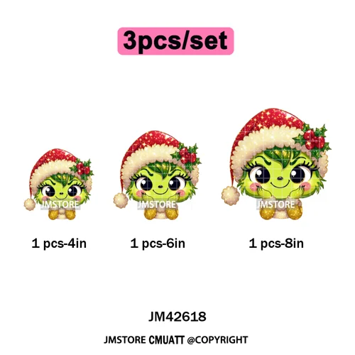Faux Glitter Cartoon Christmas Movie Green Santa Kid Girly Xmas Iron on DTF Washable Transfer Sticker Ready to Press for Textile