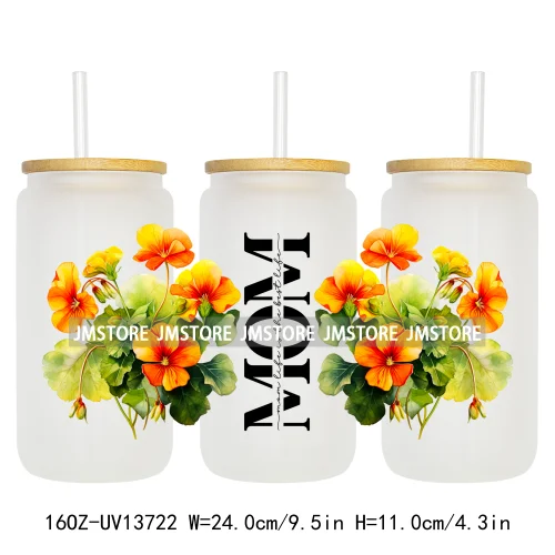 Strong Mom Butterfly Floral Mother's Day 16OZ UV DTF Cup Wraps Ready To Apply Waterproof Transfer Stickers For Libbey Glass Can