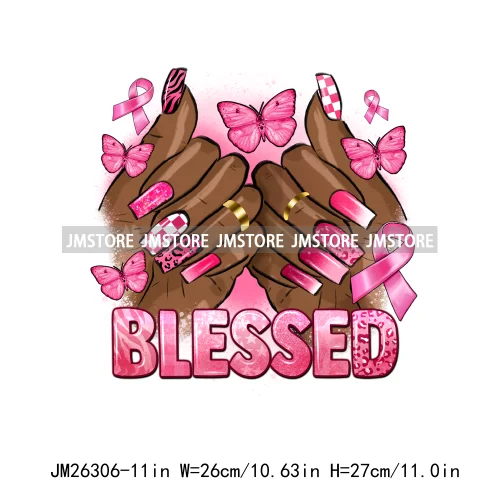 Afro Woman Pink Fight Like A Queen Hope Blessed Breast Cancer Awareness DTF Iron On Transfer Stickers Ready To Press For Hoodies