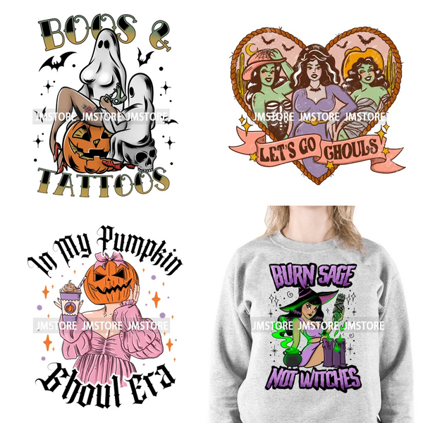 Cartoon Halloween Season Let's Go Ghouls Burn Sage Not Witches Spooky Vibes DTF Iron On Heat Press Transfer Stickers For Clothes