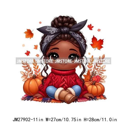 New Autumn Chibi Black Baby Girls Cartoon Afro Princess Pumpkin Fall Season DTF Iron On Heat Press Transfer Stickers For Hoodies