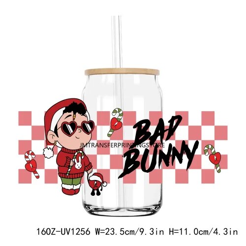 Bad Bunny Christmas 16OZ UV DTF Cup Wrap Transfers Stickers Custom Labels DIY Durable Waterproof Logo For Libbey Glass Can