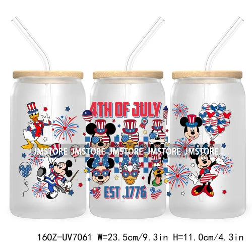 Happy 4TH Of July Cartoon Bear Friends 16OZ UV DTF Cup Wrap Transfer Stickers For Libbey Glass Can Cups Tumbler Waterproof Craft