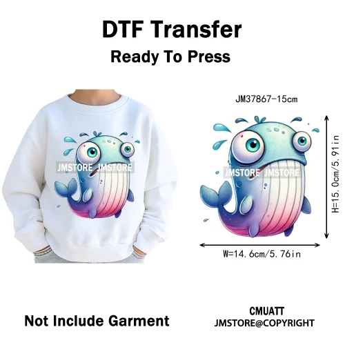 15cm 5.9in Cute Sea Underwater Animal Quirky Fish Octopus Decals Washable Iron On DTF Heat Transfers Stickers For Kids T-Shirts